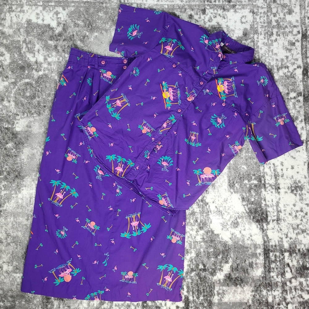Vintage Flamingo Print Long Skirt Button Up Shirt